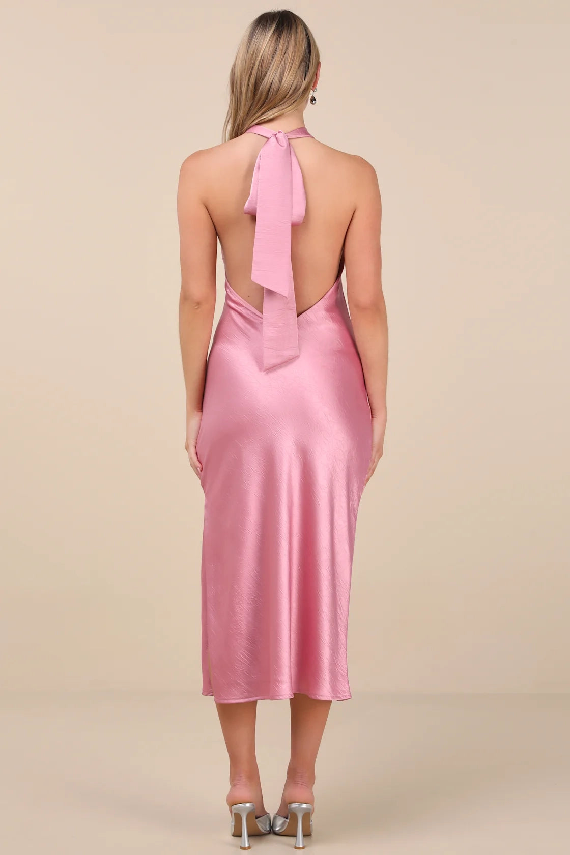 LANQI sexy satin backless hanging neck mid length slim fit silhouette Homecoming Dresses